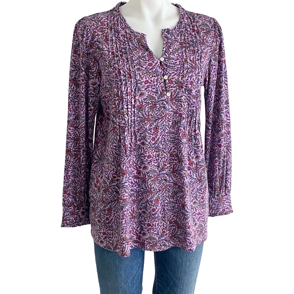 J. Jill Purple Floral Pintuck Tunic Top Cotton Tencel Modal Blouse Small